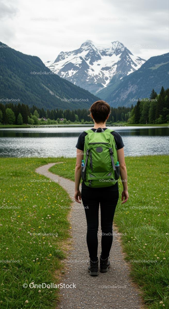 Traveler with Green Backpack Exploring Alpine Lake Path