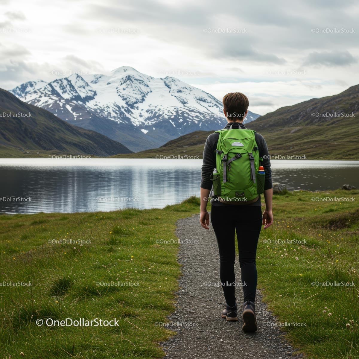 Backpacker on Mountain Trail with Snow-Capped Peaks