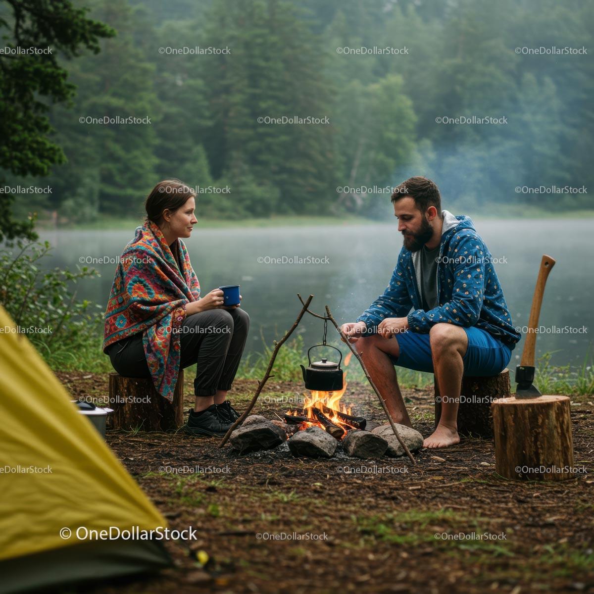 Couple Enjoying a Cozy Campfire by Misty Forest Lake