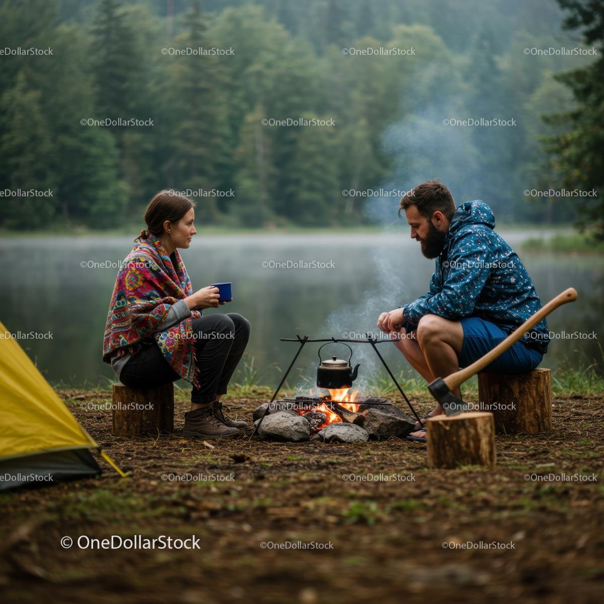Couple Enjoying Campfire by a Forest Lake