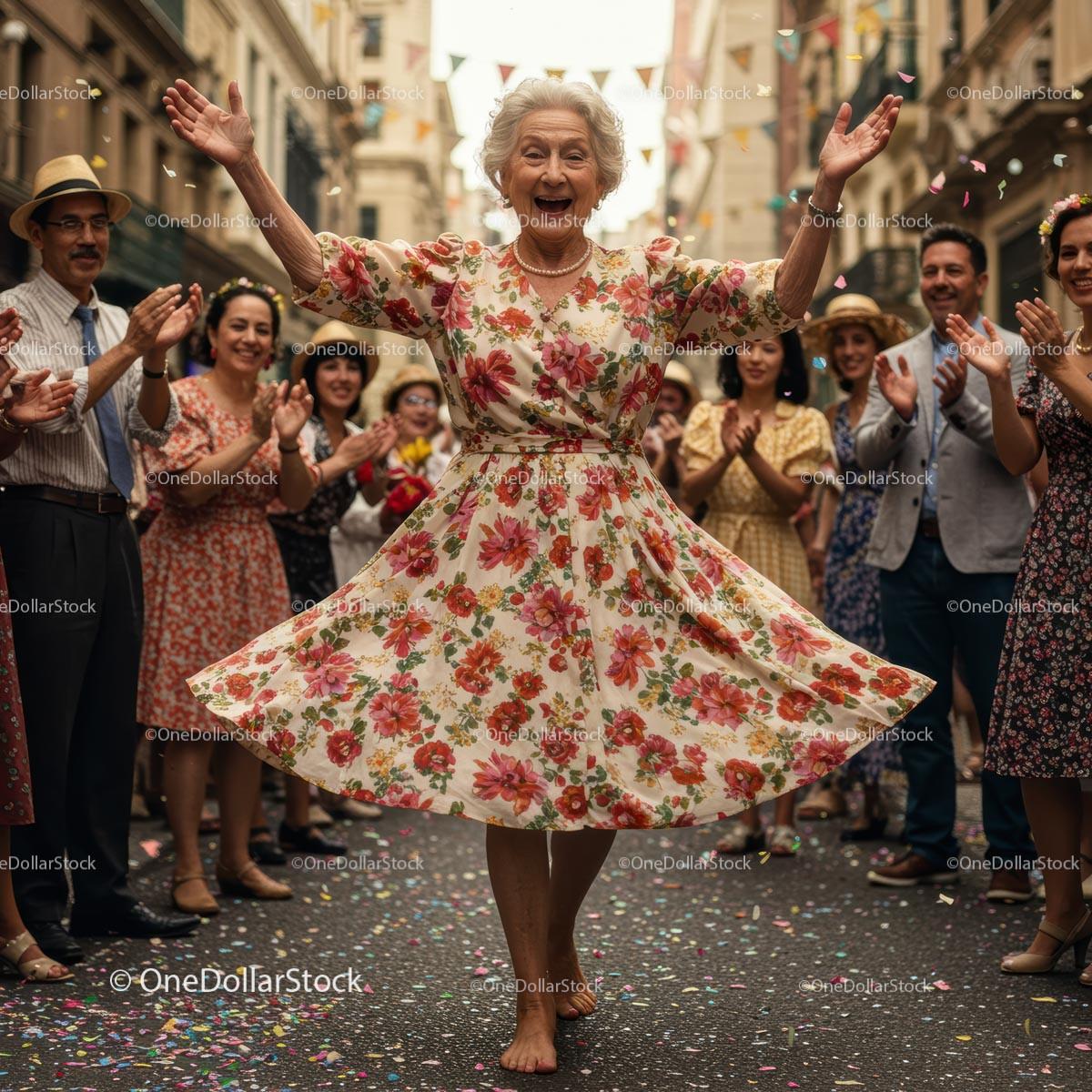 Elderly Woman Dancing Joyfully at a Street Festival