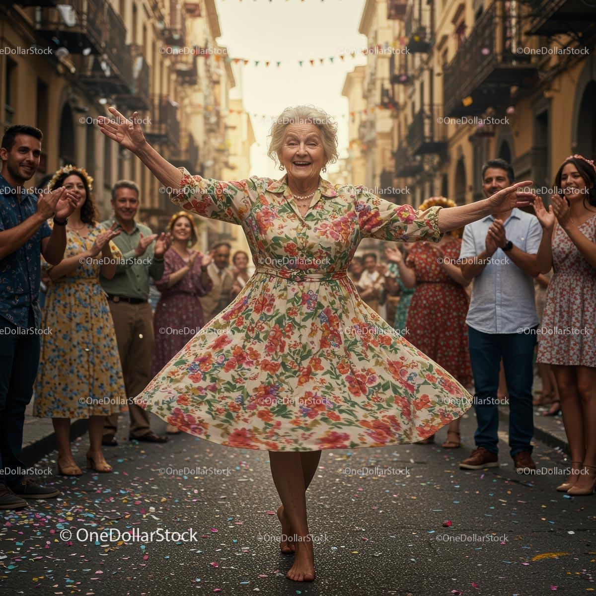 Elderly Woman Joyfully Dancing in Floral Dress at Street Festival