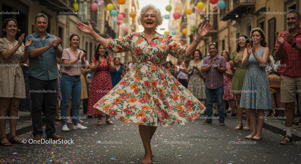 Joyful Elderly Woman Dancing at Street Festival