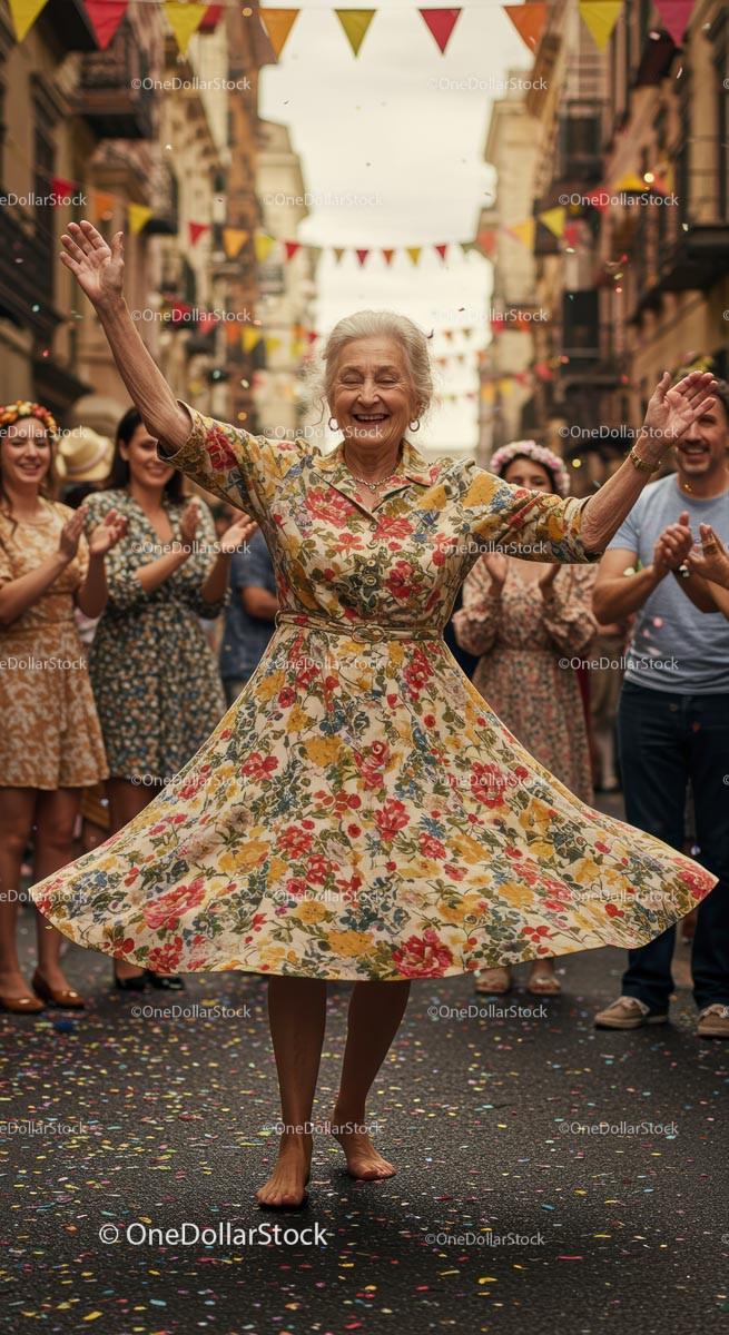 Elderly Woman Dancing Joyfully in Floral Dress at Street Festival