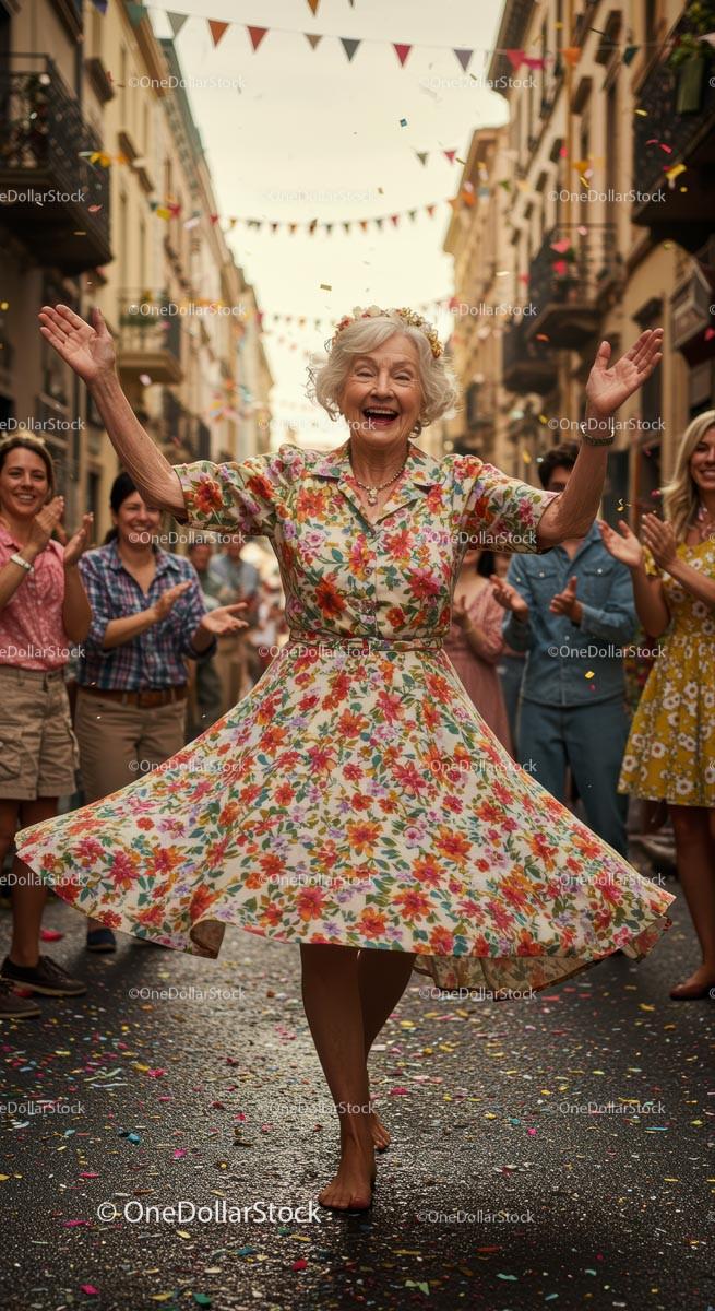 Elderly Woman Dancing Joyfully in a Street Celebration