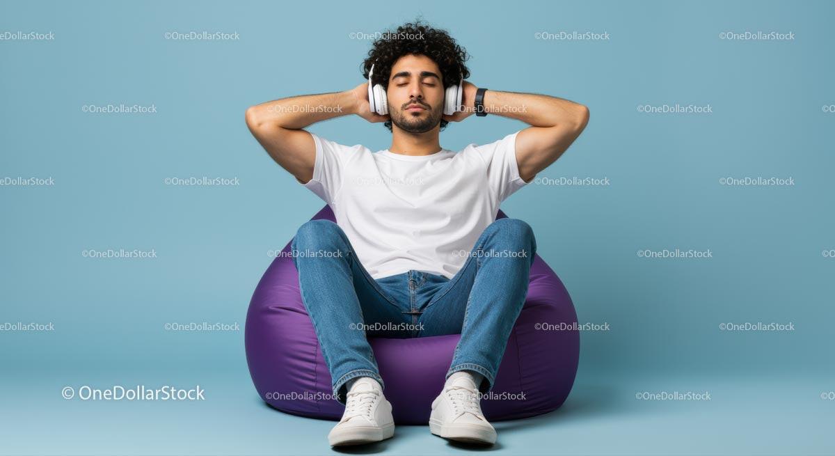 Young Man Relaxing on Purple Bean Bag with Headphones