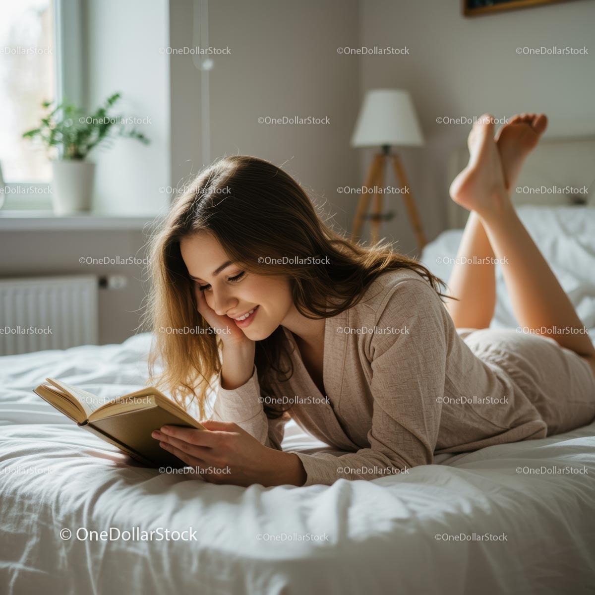 Young Woman Reading Coly in Bed on a Sunny Morning