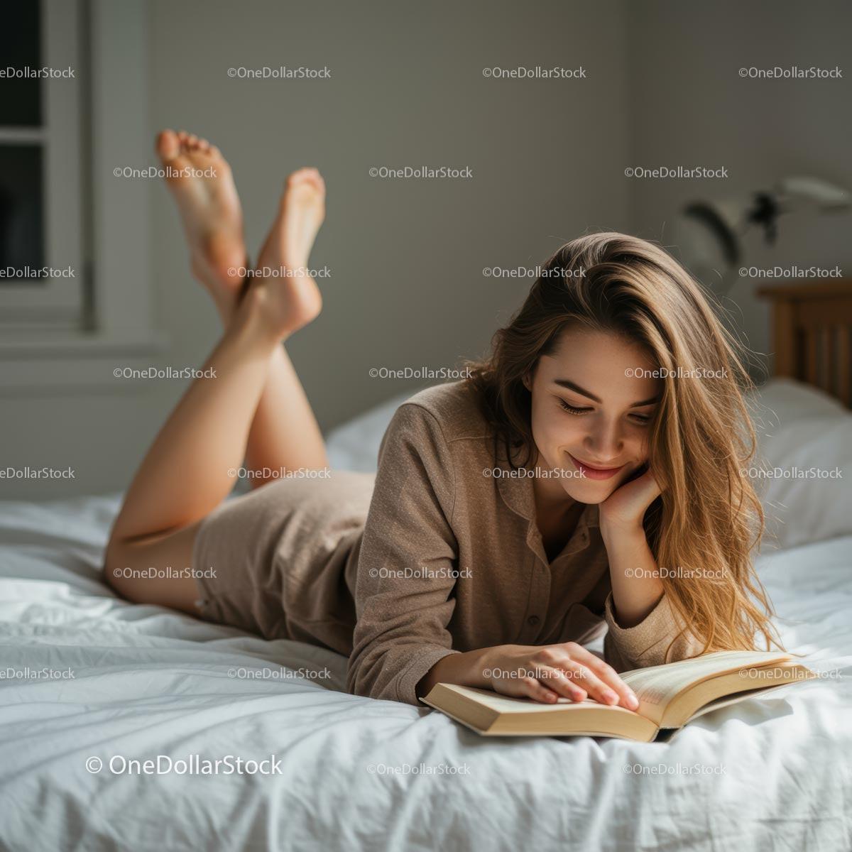 Young Woman Relaxing with a Book in Cozy Bedroom Setting