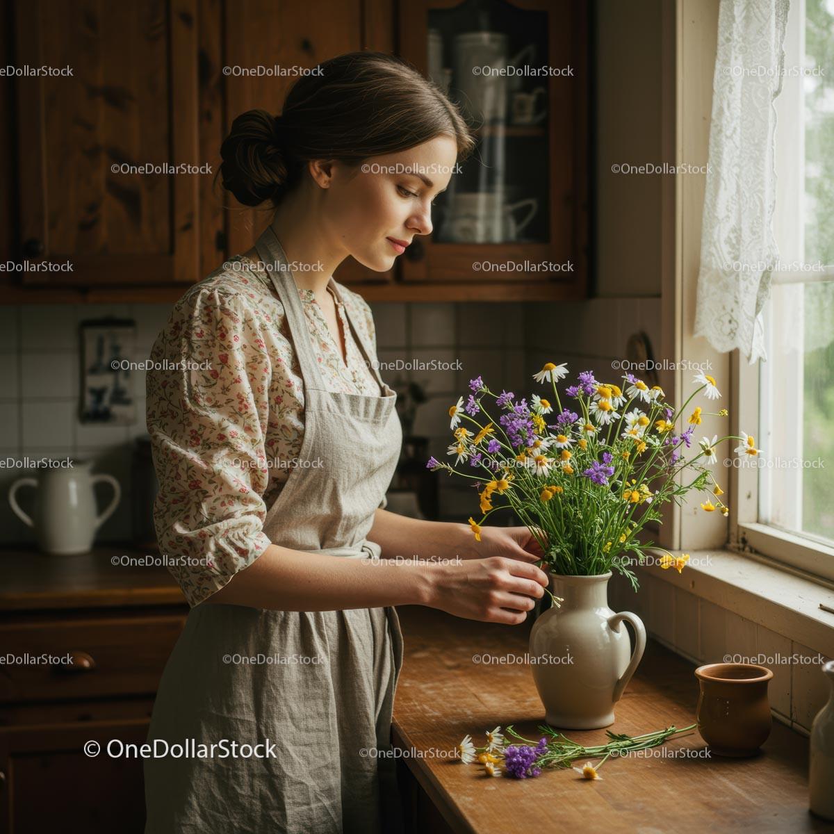 Woman Arranging Daisies and Purple Flowers in Rustic Kitchen
