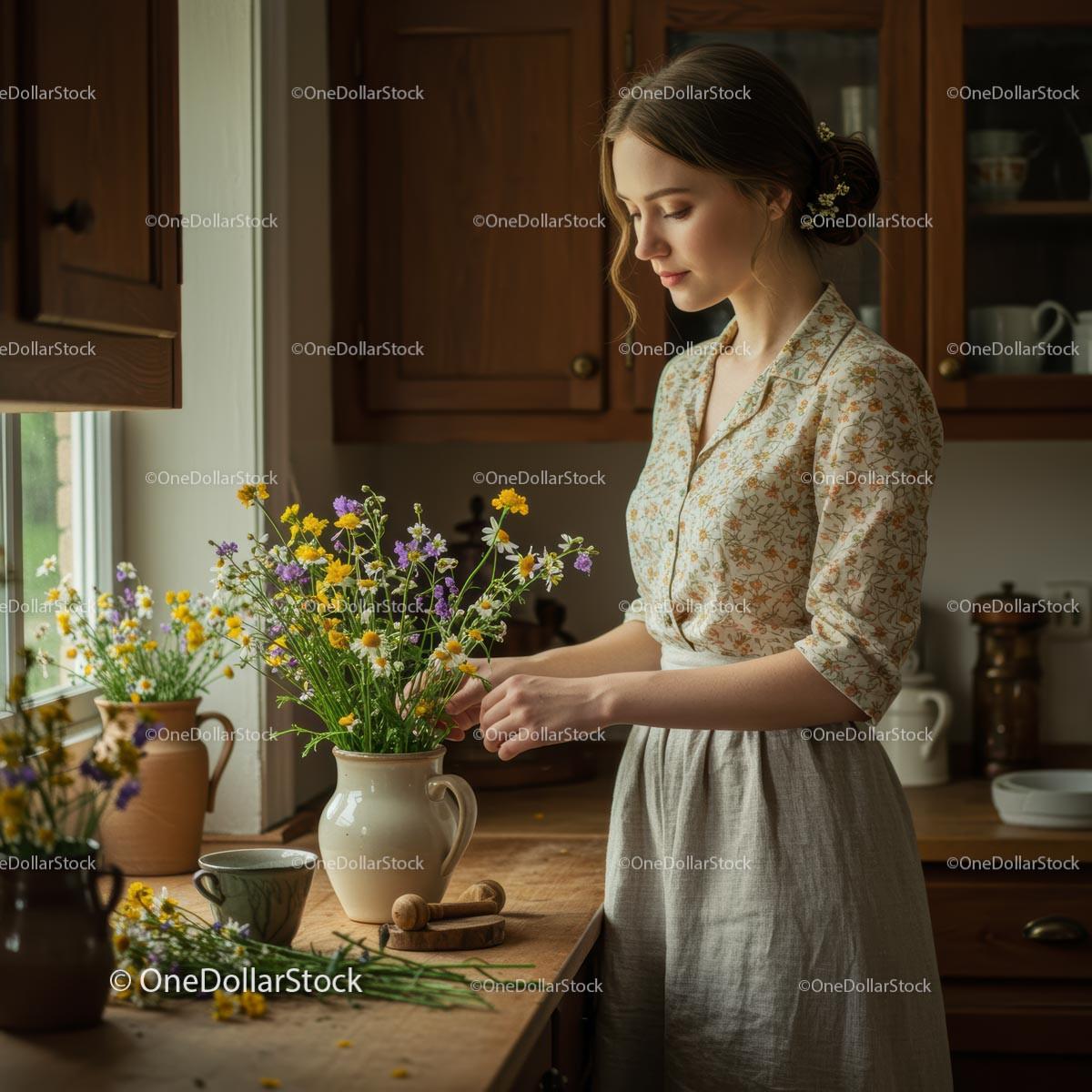 Woman Arranging Wildflowers in Rustic Kitchen