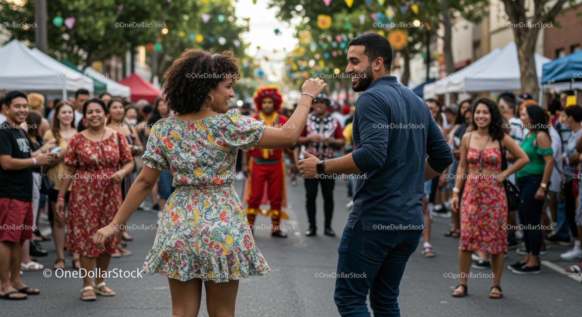 Joyful Dancing Couple at Vibrant Street Festival