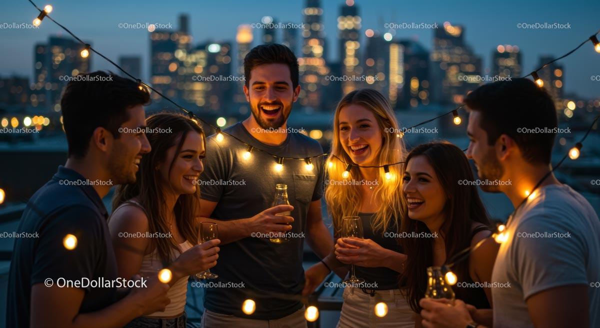 Friends Enjoying Rooftop Party with City Skyline at Dusk