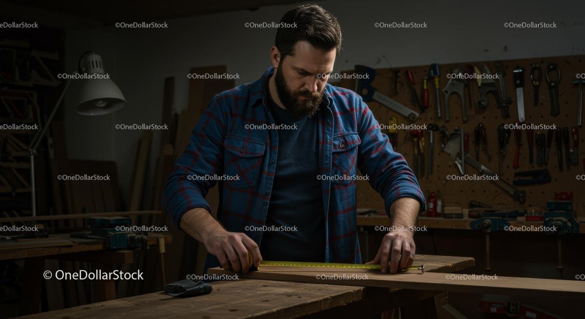 Focused Carpenter Measuring Wood in Busy Workshop
