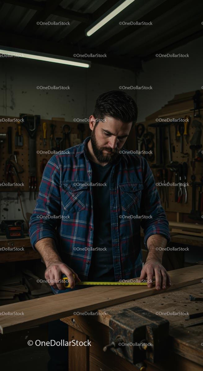 Carpenter Measuring Wooden Plank in Workshop