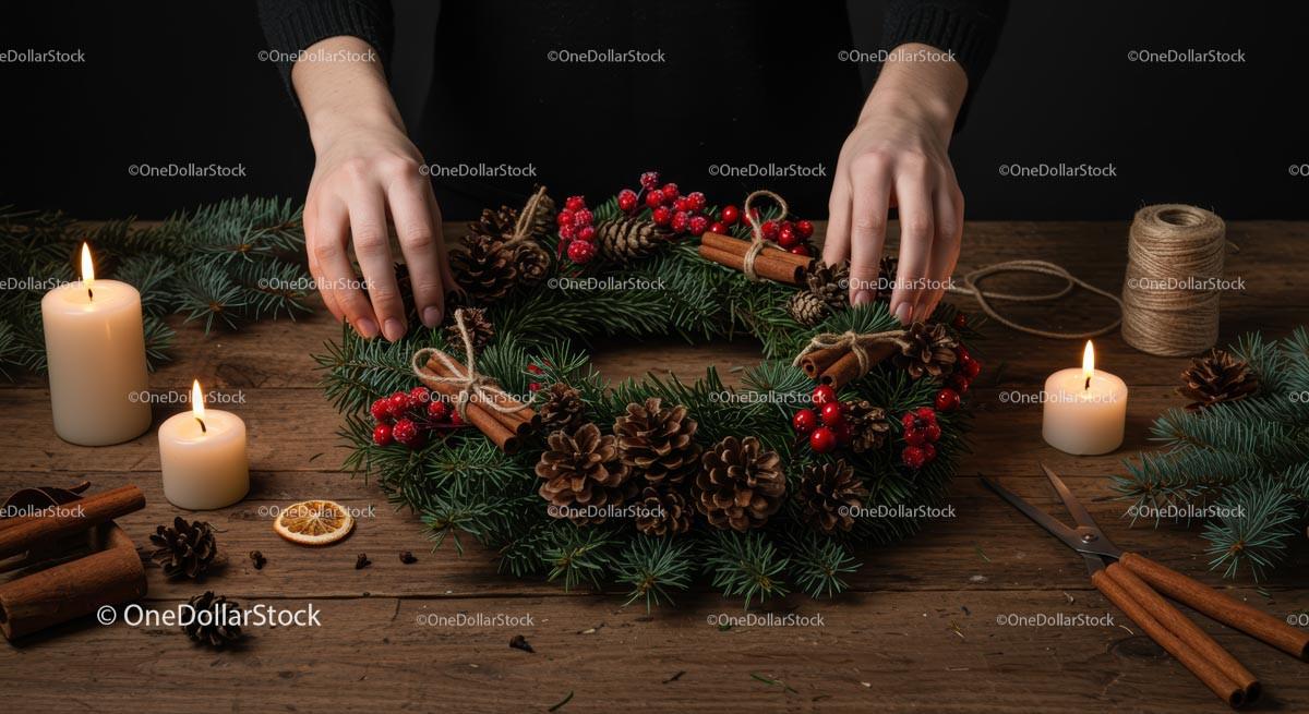 Crafting a Festive Christmas Wreath with Pine Cones and Candles