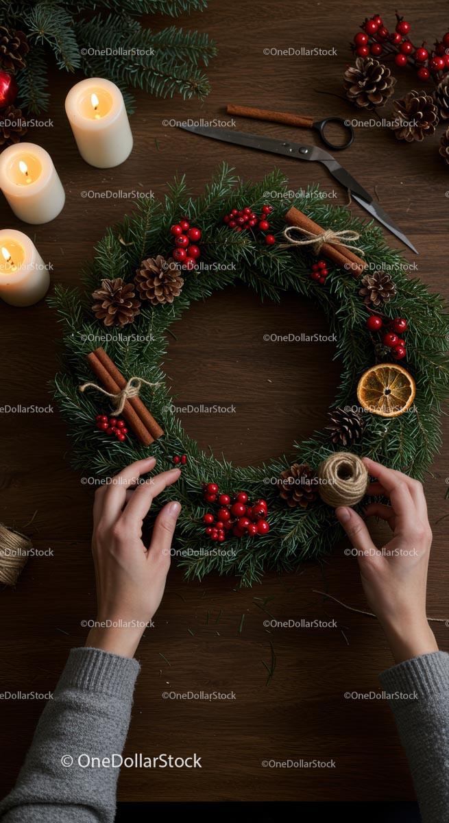 Handcrafted Christmas Wreath with Pine and Red Berries