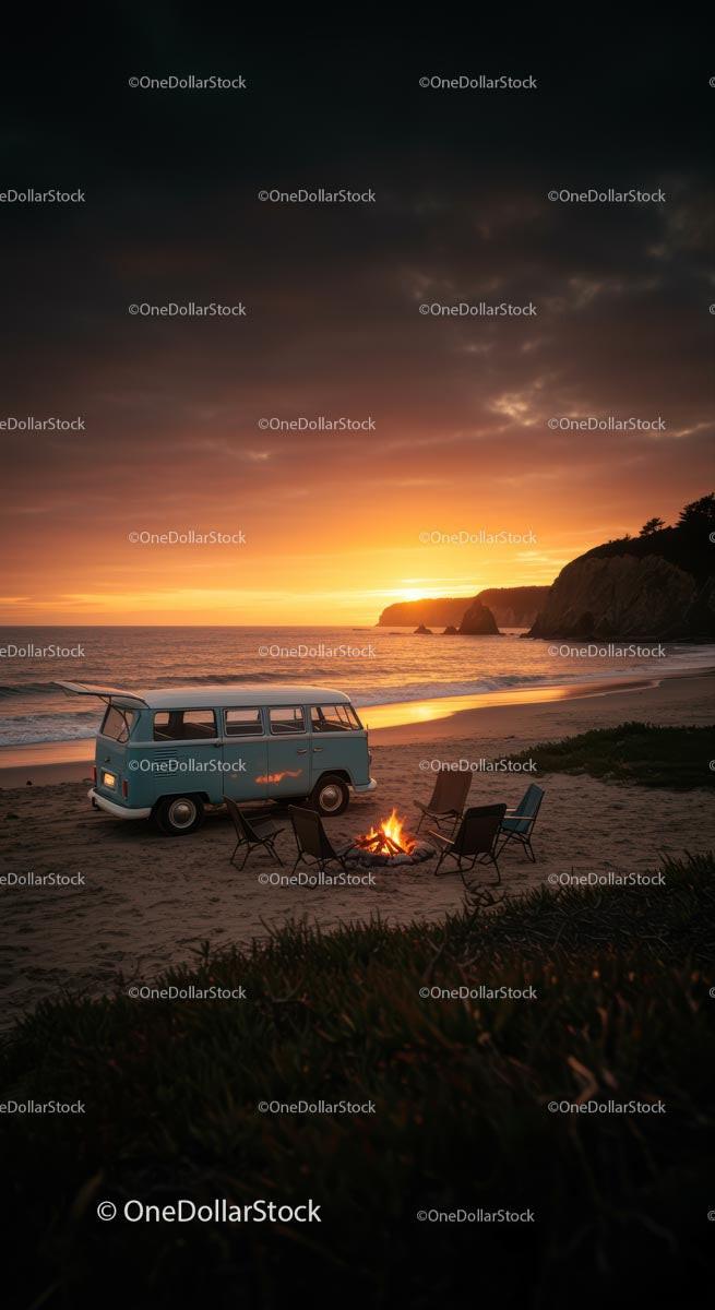 Scenic Beach Camp with Vintage Van and Sunset Glow
