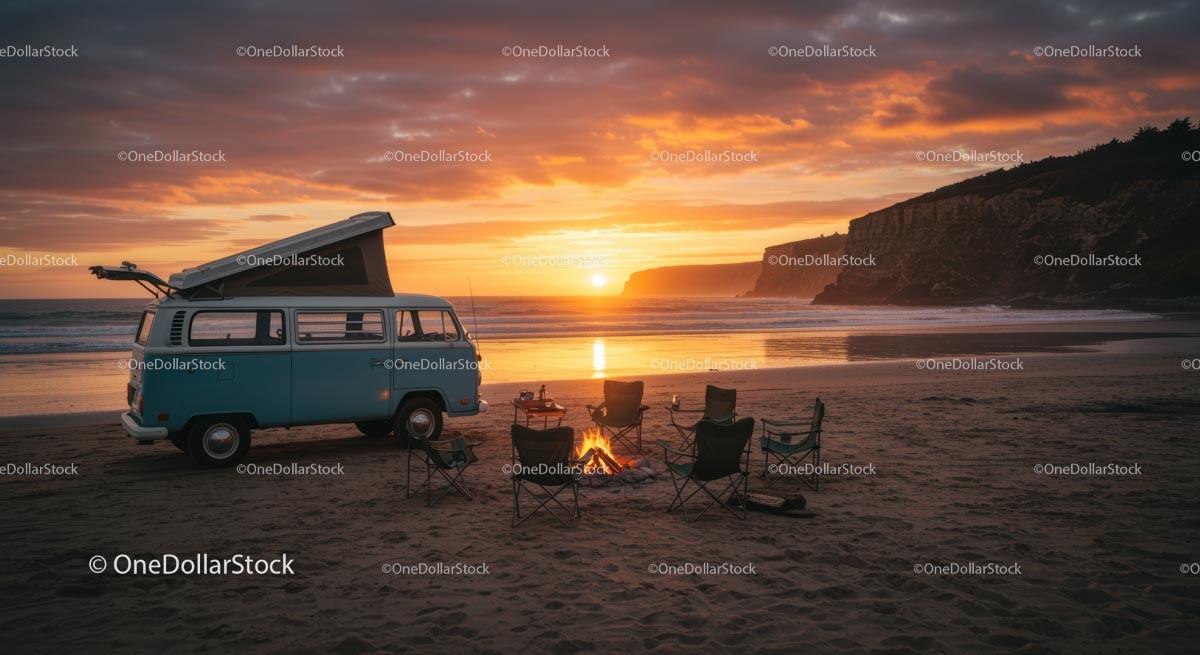 Beachside Sunset with Vintage Camper Van and Campfire