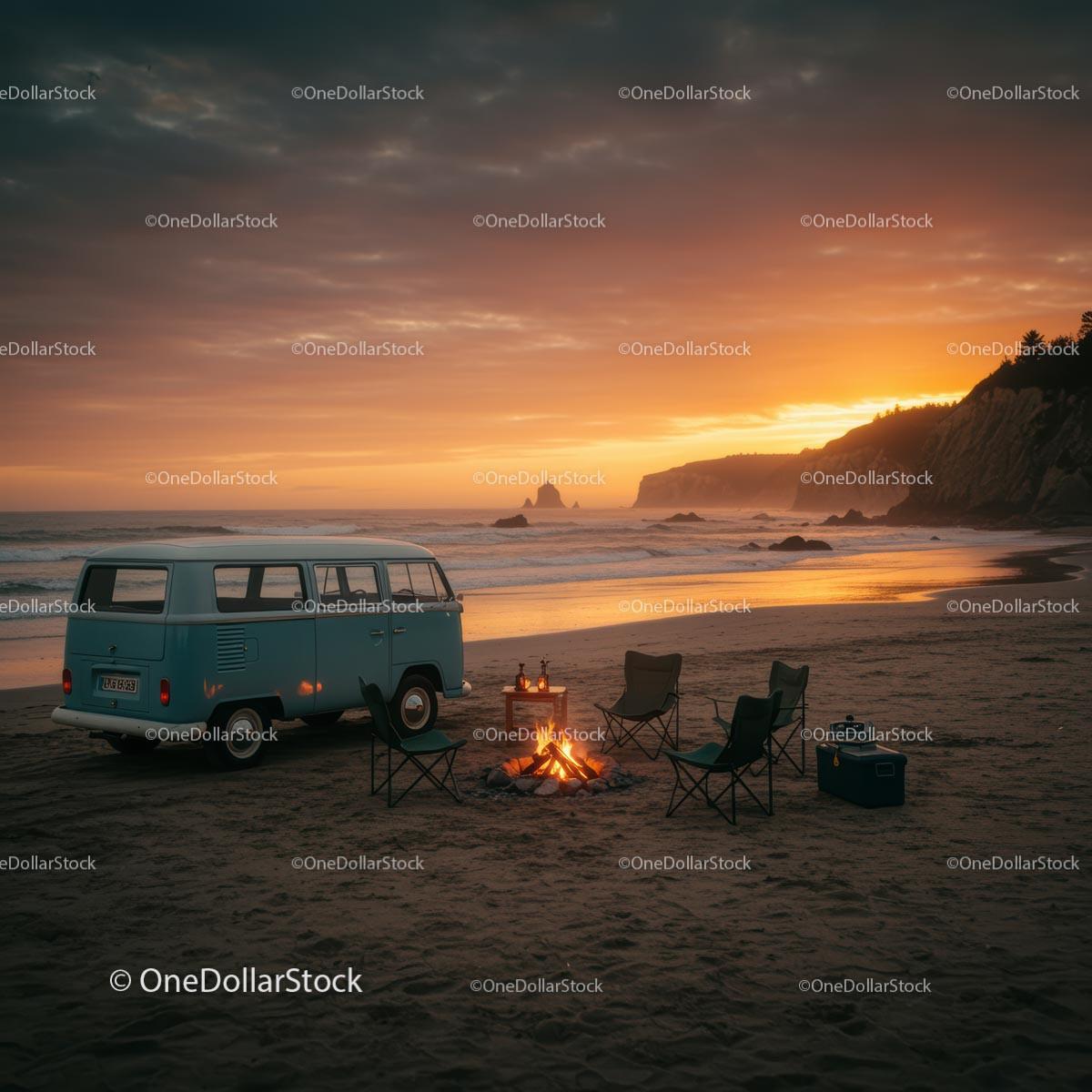 Vintage Van by a Beach Bonfire at Sunset