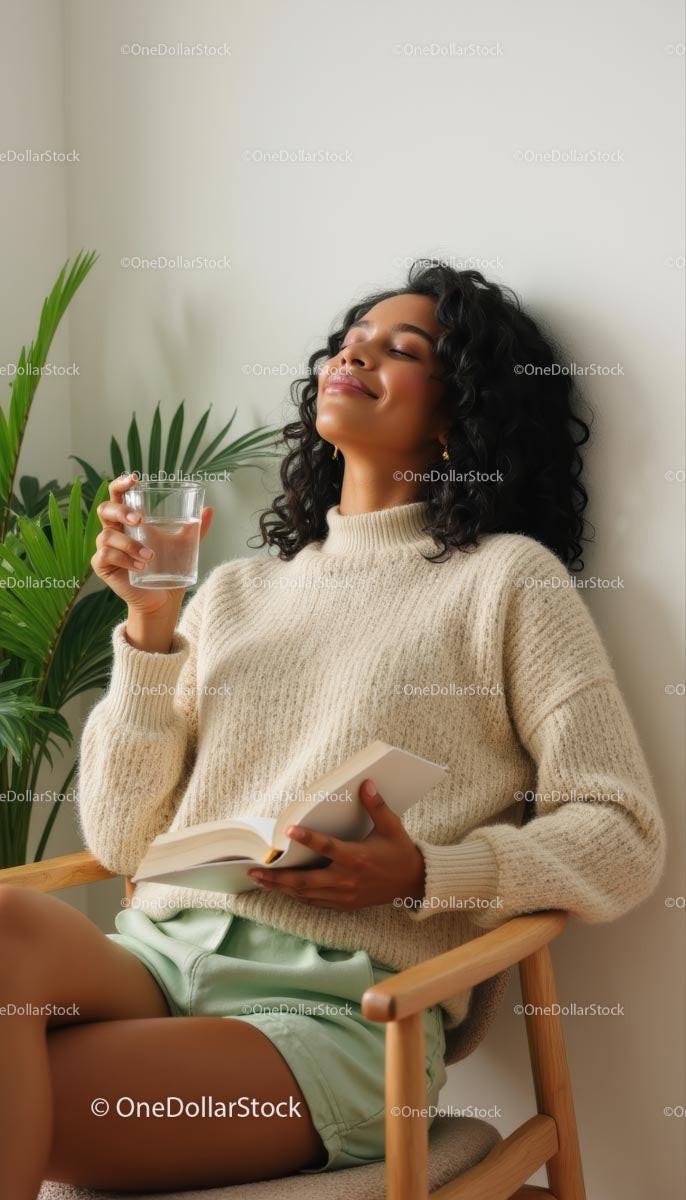 Relaxed Woman Enjoying Peaceful Moment with Book and Drink