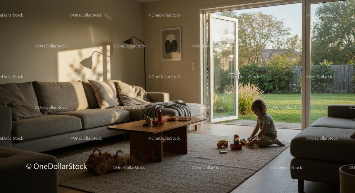 Child Playing in Sunlit Modern Living Room with Open Patio Doors Stock Photo Bundle preview