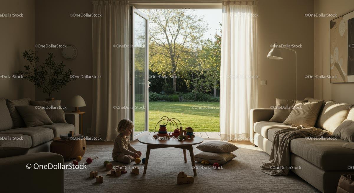 Child Playing in Sunlit Modern Living Room with Open Patio Doors Stock Photo Bundle creative preview 4
