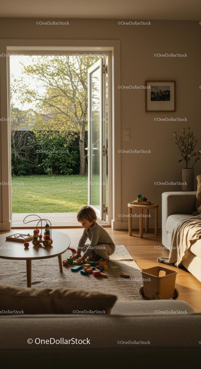 Child Playing in Sunlit Modern Living Room with Open Patio Doors Stock Photo Bundle preview 10