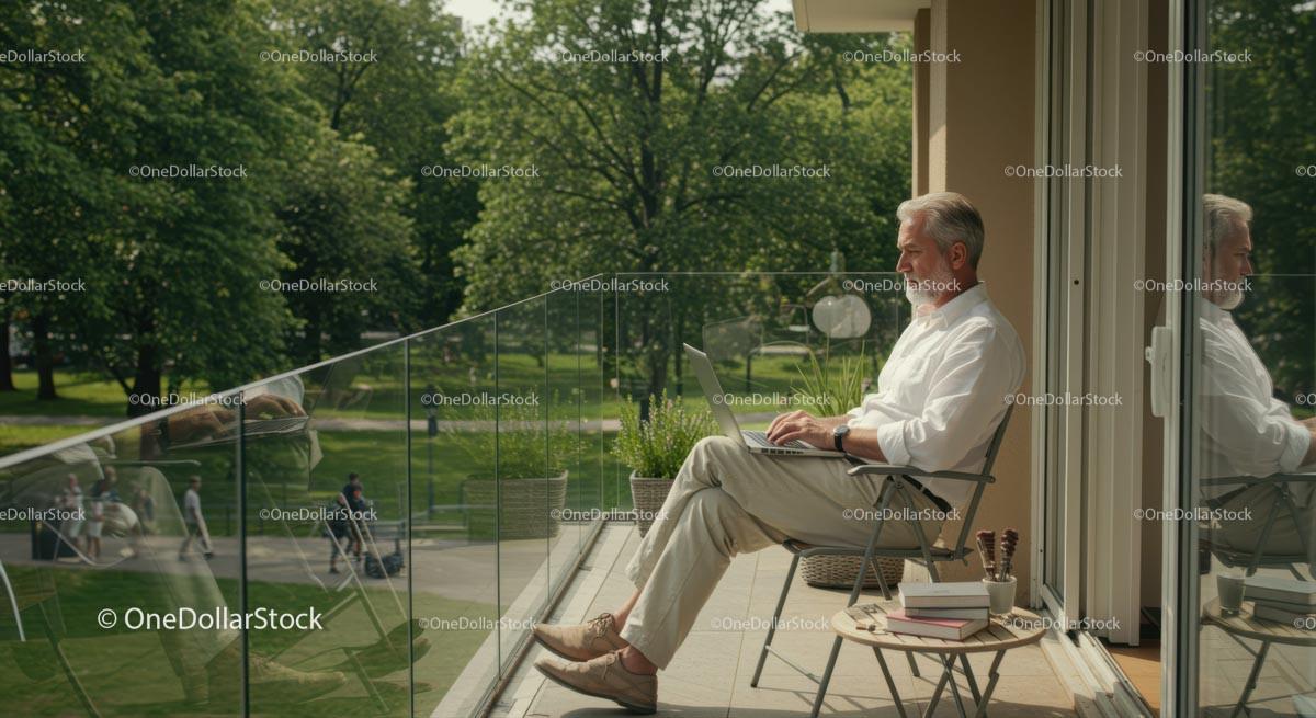 Elderly Man Working on Laptop in Sunny Balcony Setting