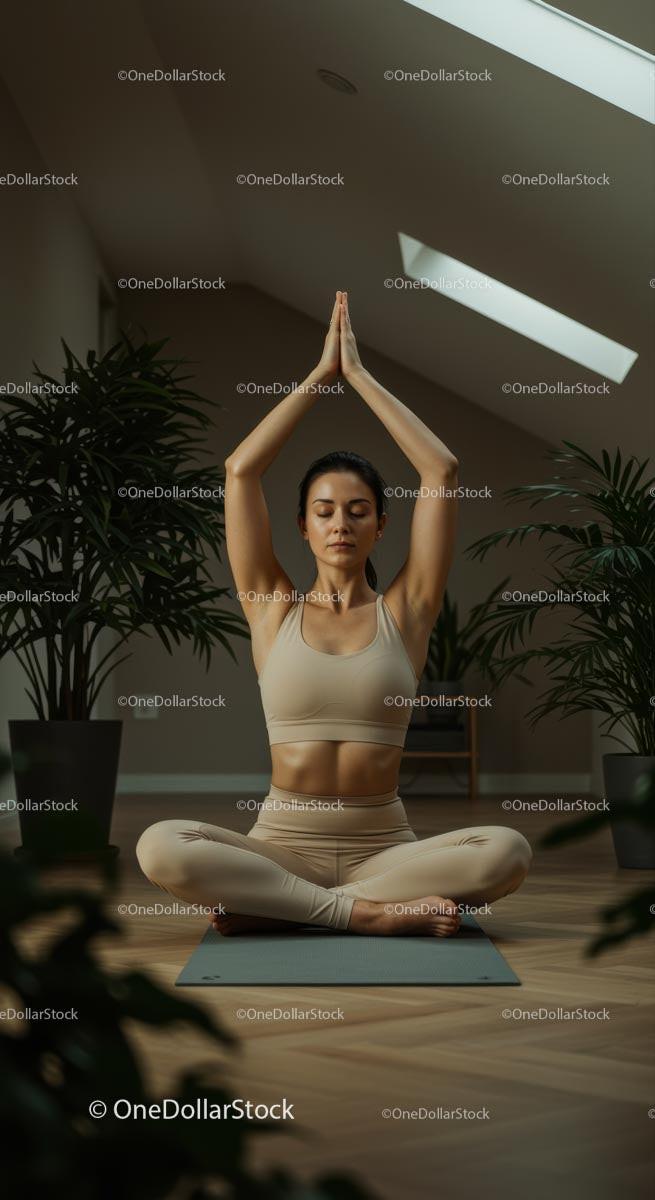 Woman Meditating in Tranquil Indoor Yoga Session
