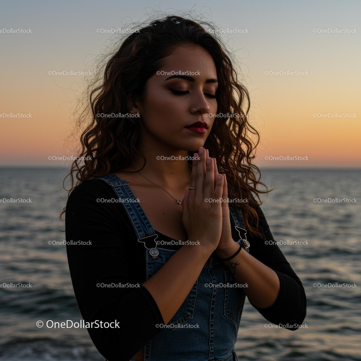 Meditative Woman at Sunset by the Ocean