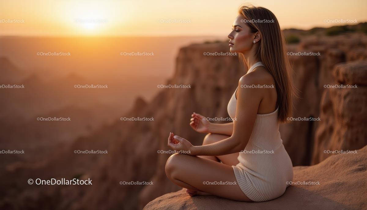 Silhouette of Woman Practicing Yoga at Scenic Canyon at Sunset Stock Photo Bundle preview 11