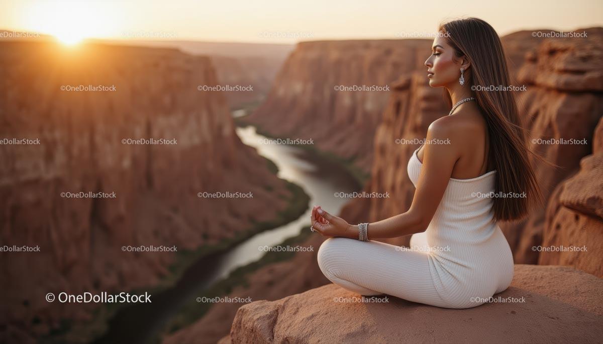 Silhouette of Woman Practicing Yoga at Scenic Canyon at Sunset Stock Photo Bundle preview 14