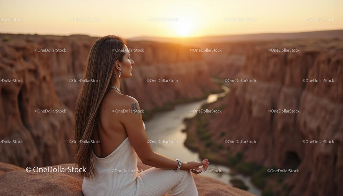 Woman Meditating at Sunset Over Scenic Canyon