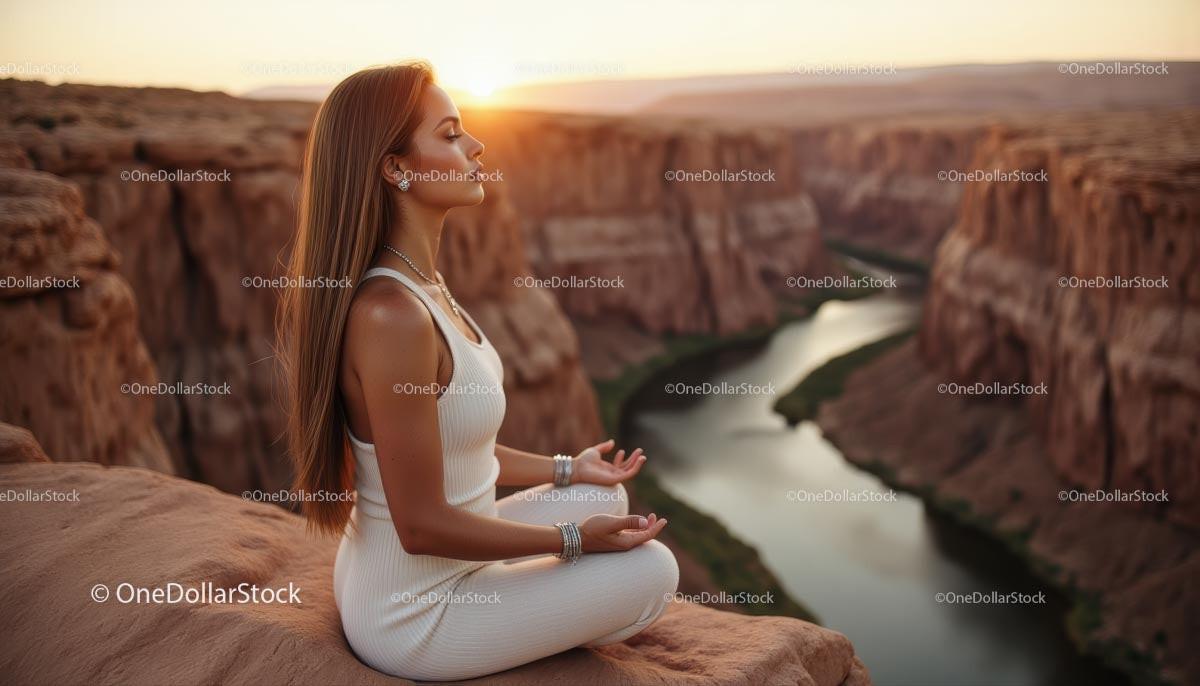 Silhouette of Woman Practicing Yoga at Scenic Canyon at Sunset Stock Photo Bundle preview 16