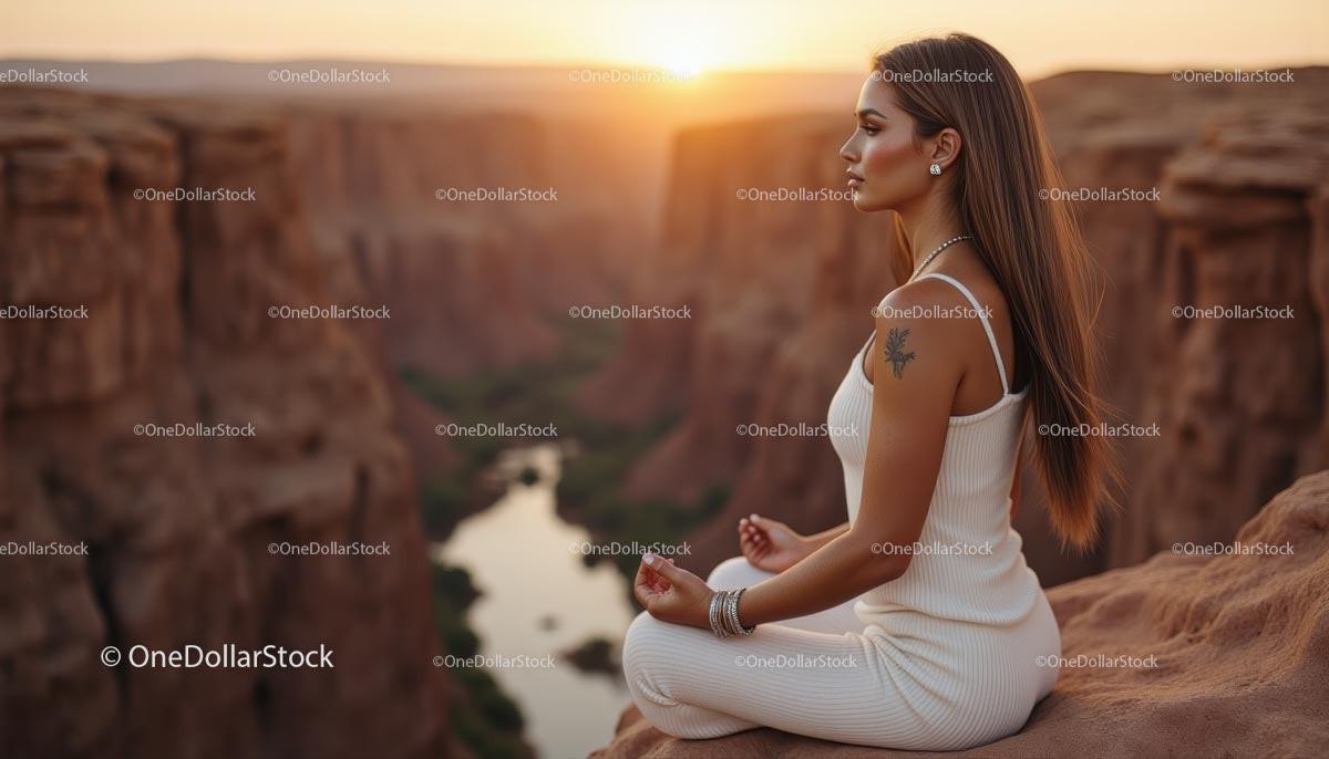 Silhouette of Woman Practicing Yoga at Scenic Canyon at Sunset Stock Photo Bundle preview 17