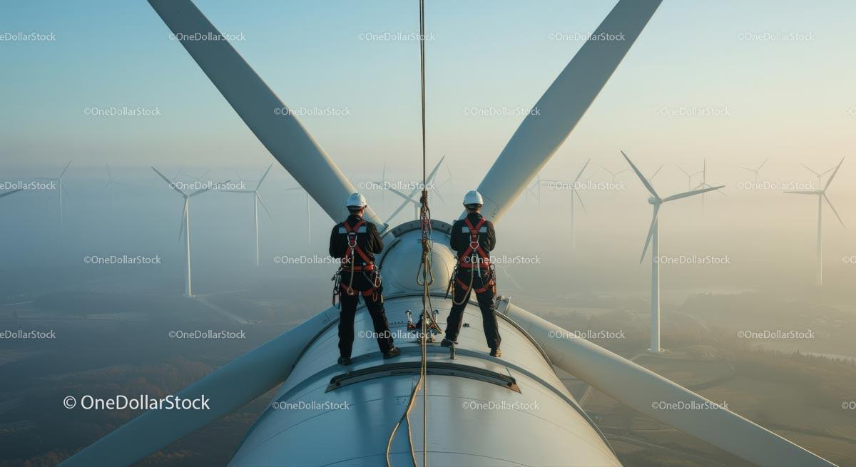 Engineers Maintaining Wind Turbine at Sunrise