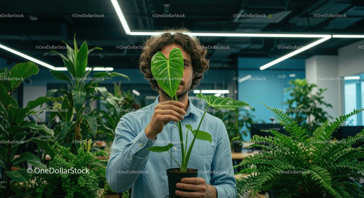 Person Holding Monstera Leaf in Modern Office Stock Photo Bundle preview 15