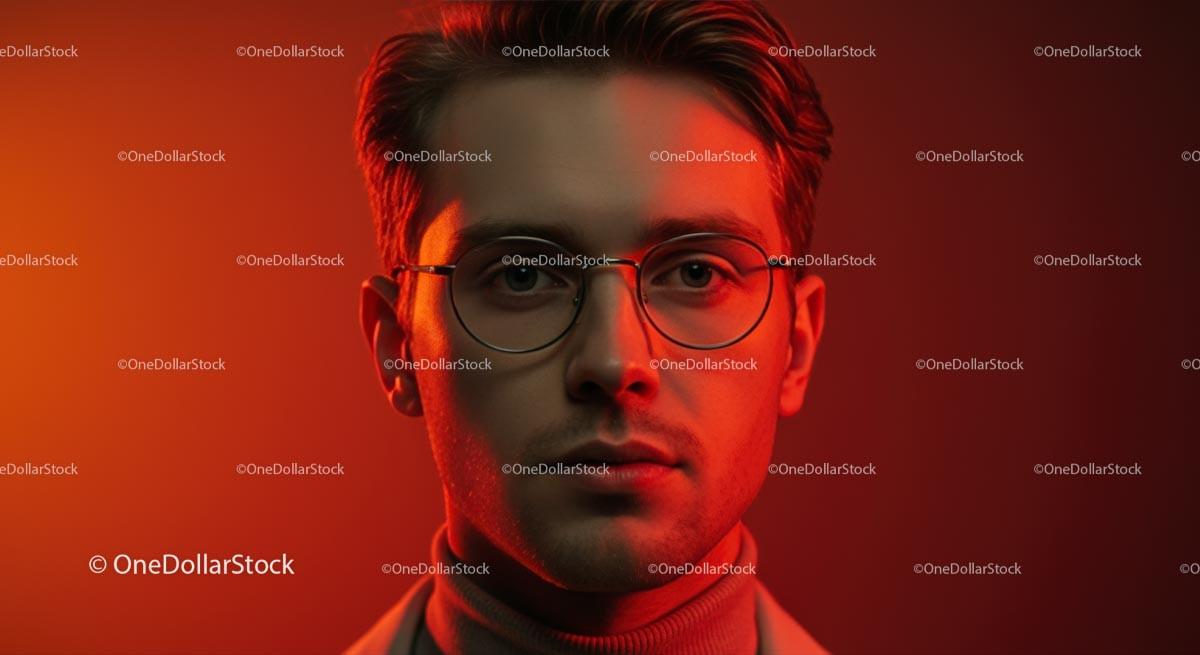Young Man with Eyeglasses Against Red Background