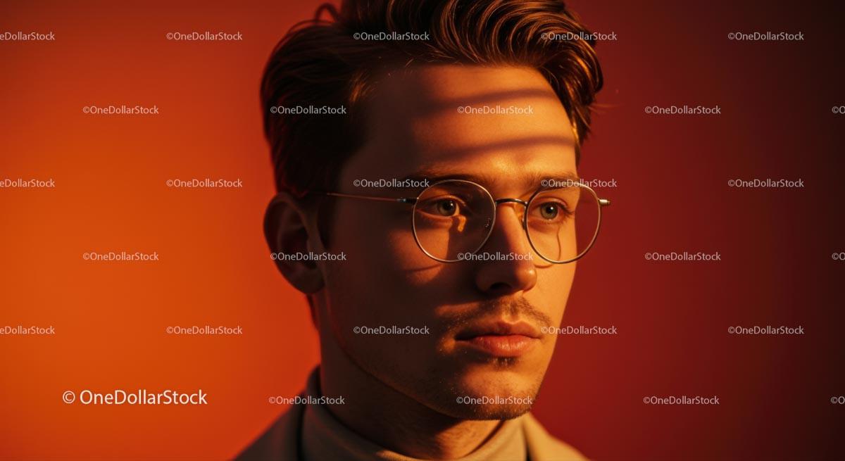 Stylish Man with Eyeglasses Against Orange Background