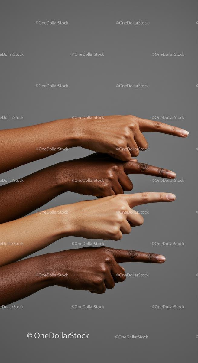 Diverse Hands Pointing in Unity on Gray Background