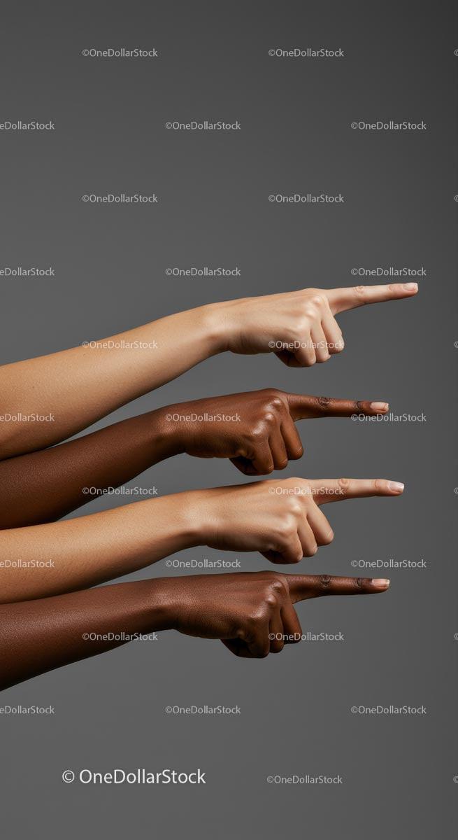 Diverse Hands Pointing in Unison on Gray Background