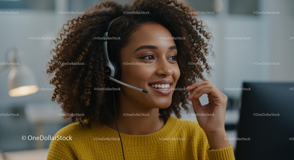 Smiling Woman in Yellow Sweater with Headset in Office
