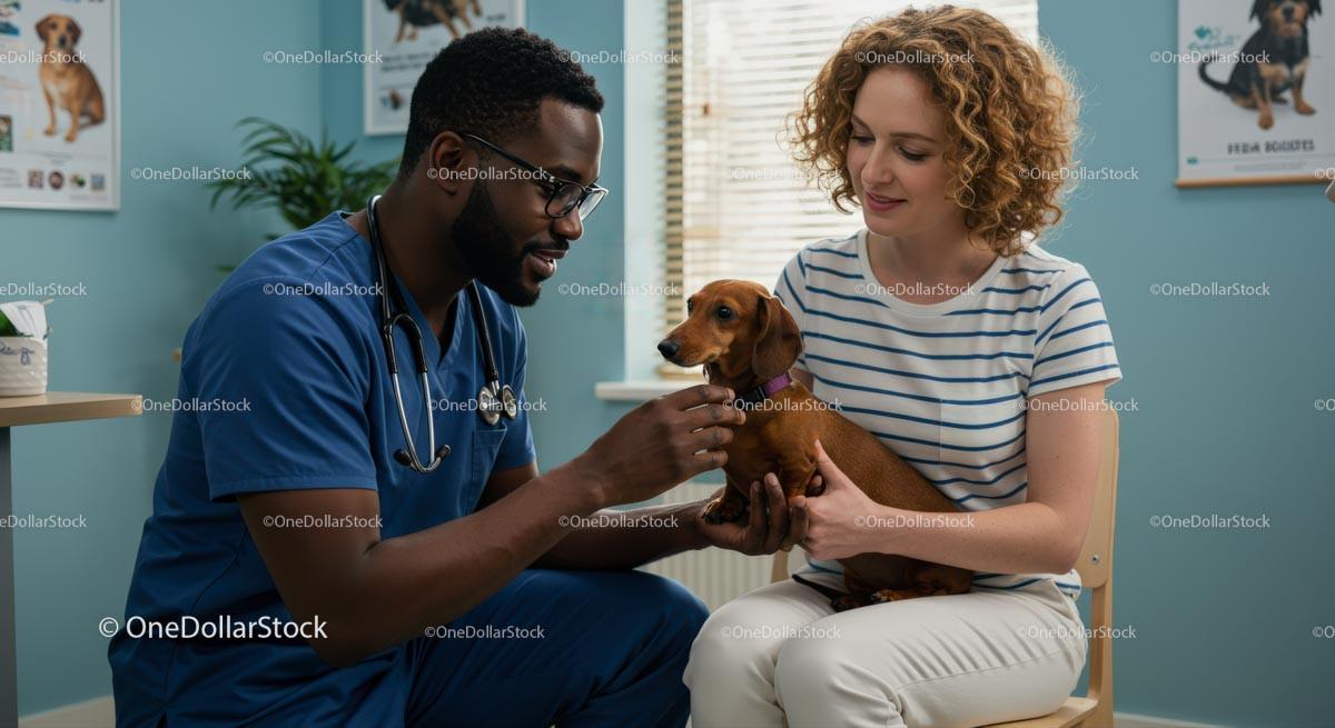 Veterinarian and Owner with Dachshund Puppy in Clinic