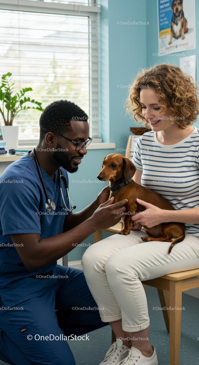 Veterinarian Consultation with Dachshund and Smiling Owner