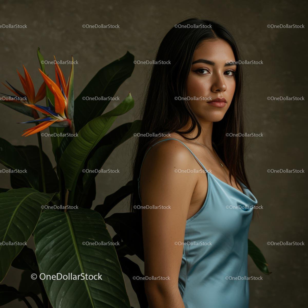 Elegant Woman Posing Beside Exotic Bird of Paradise Plant Stock Photo Bundle preview