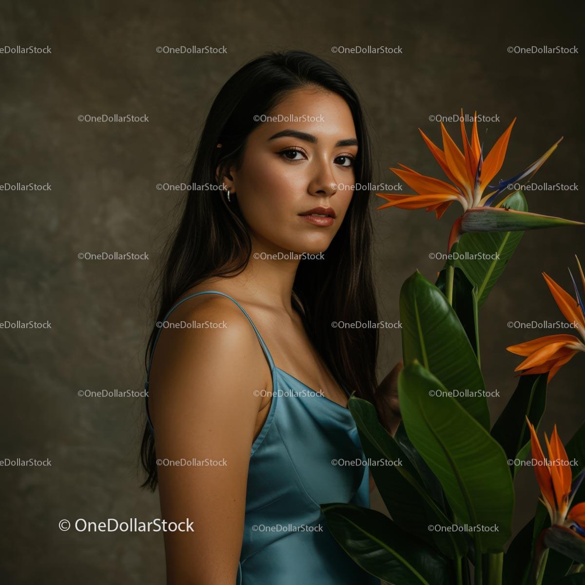 Elegant Woman Posing Beside Exotic Bird of Paradise Plant Stock Photo Bundle creative preview 4