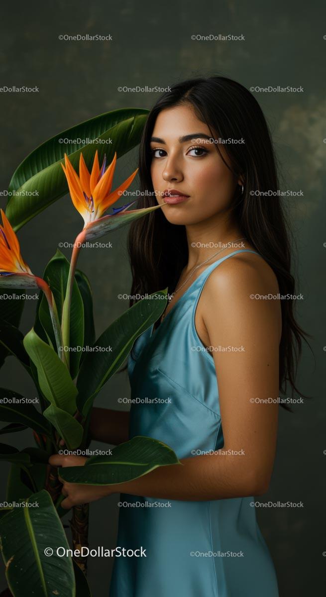 Elegant Woman Holding Bird of Paradise Flower