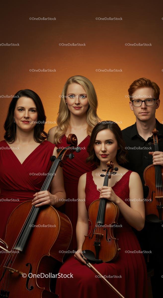 Elegant String Quartet in Red Dresses with Instruments