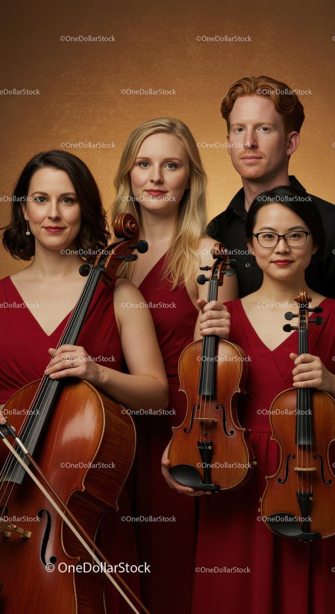 Elegant String Quartet in Red Attire Posing with Instruments