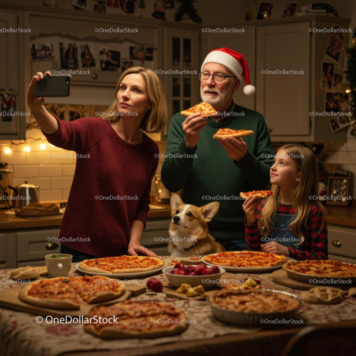 Family Enjoying Christmas Pizza in Festive Kitchen